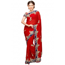 Radiant Red Colored Stone Worked Faux Georgette Saree